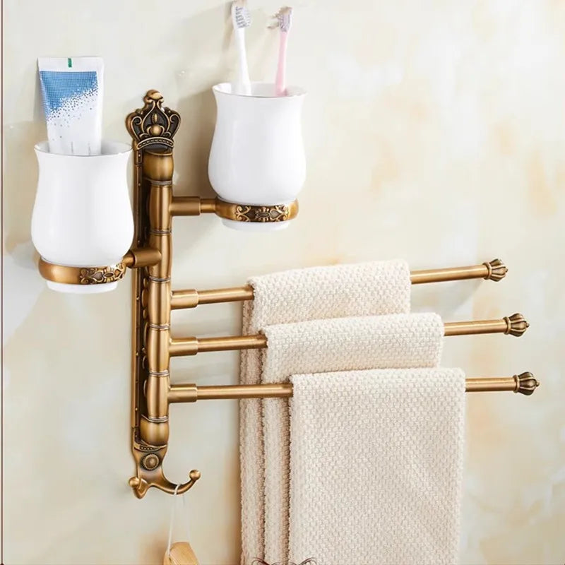 DecorBites™ Antique Carved Swivel Towel Hanger, Wall Mounted Folding Towel Bar, Bathroom Towel Holder