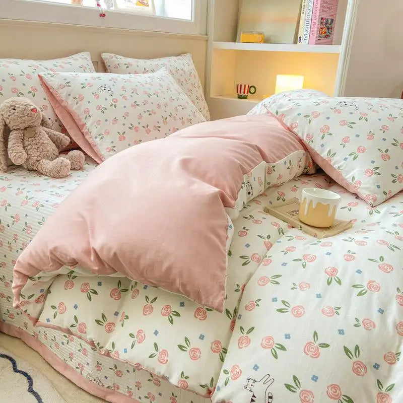DecorBites™ Cartoon Cat Floral Duvet Set, Girls' Pink Bedding Collection