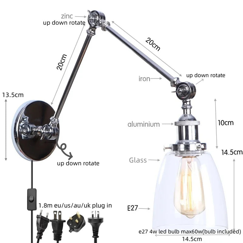 DecorBites™ Chrome Industrial LED Wall Sconce Swing Arm Clear Glass Lamp