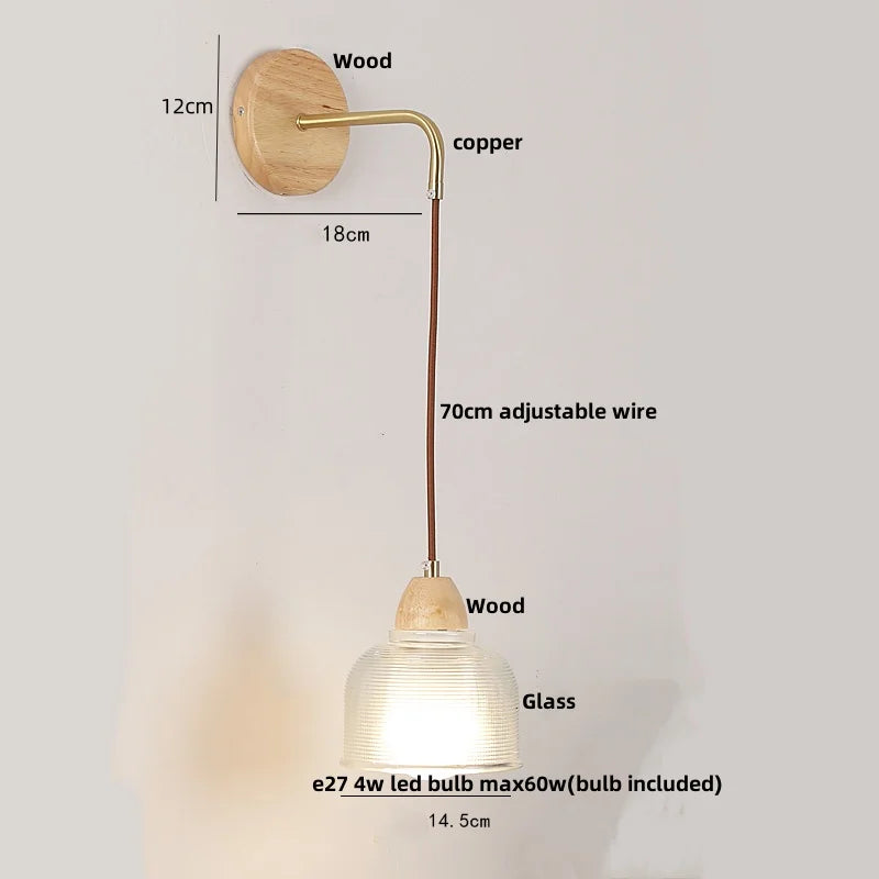 DecorBites™ Clear Glass LED Wall Lights with Wood Pull Chain Switch - Modern Copper Stair Light