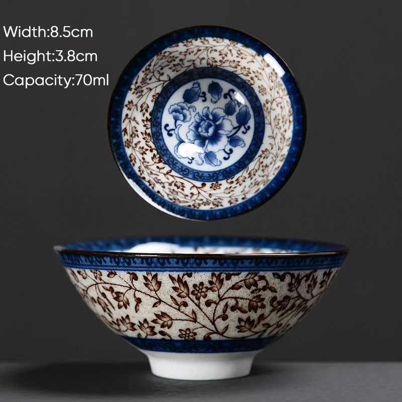 DecorBites™ Blue & White Ceramic Kung Fu Tea Cup - Japanese Style Porcelain Sake Cups