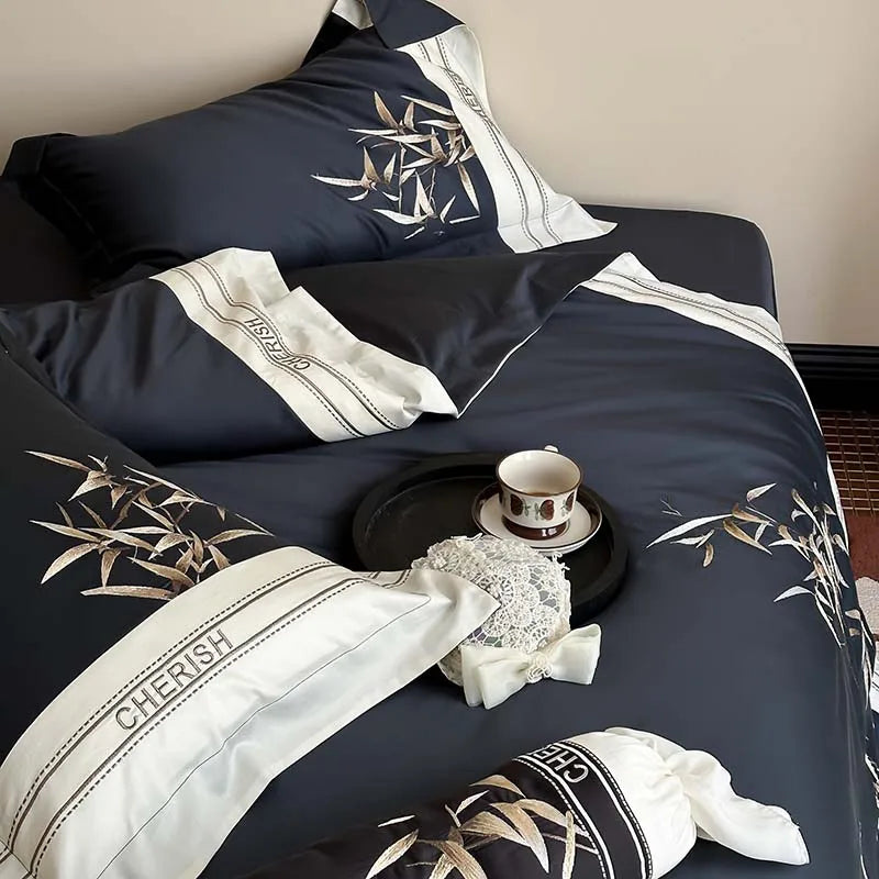 DecorBites™ Bamboo Embroidery 1000TC Egyptian Cotton Bedding Set in Luxury Dark Blue
