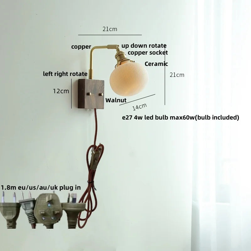 DecorBites™ Ceramic LED Wall Light Fixture White Copper Walnut Ash Bedside Lamp