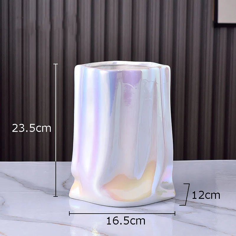 DecorBites™ Gold Plated Pleated Texture Ceramic Vase for Desk Decor and Flower Arrangements