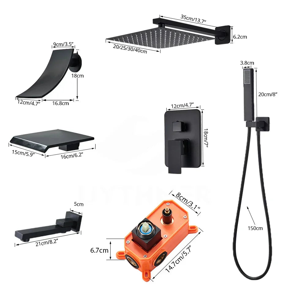 DecorBites™ Black Shower Faucet Set with Rainfall Head and Hand Sprayer