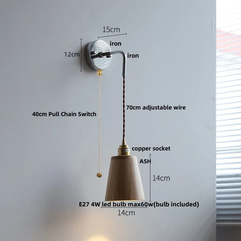DecorBites™ Ash Wood LED Wall Light with Pull Chain Switch – Japanese Style Bedside Lamp