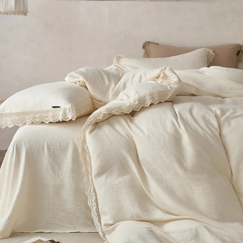 DecorBites™ Lace Edge Cotton Bedding Set for Soft Skin with Duvet, Sheets, and Pillowcases