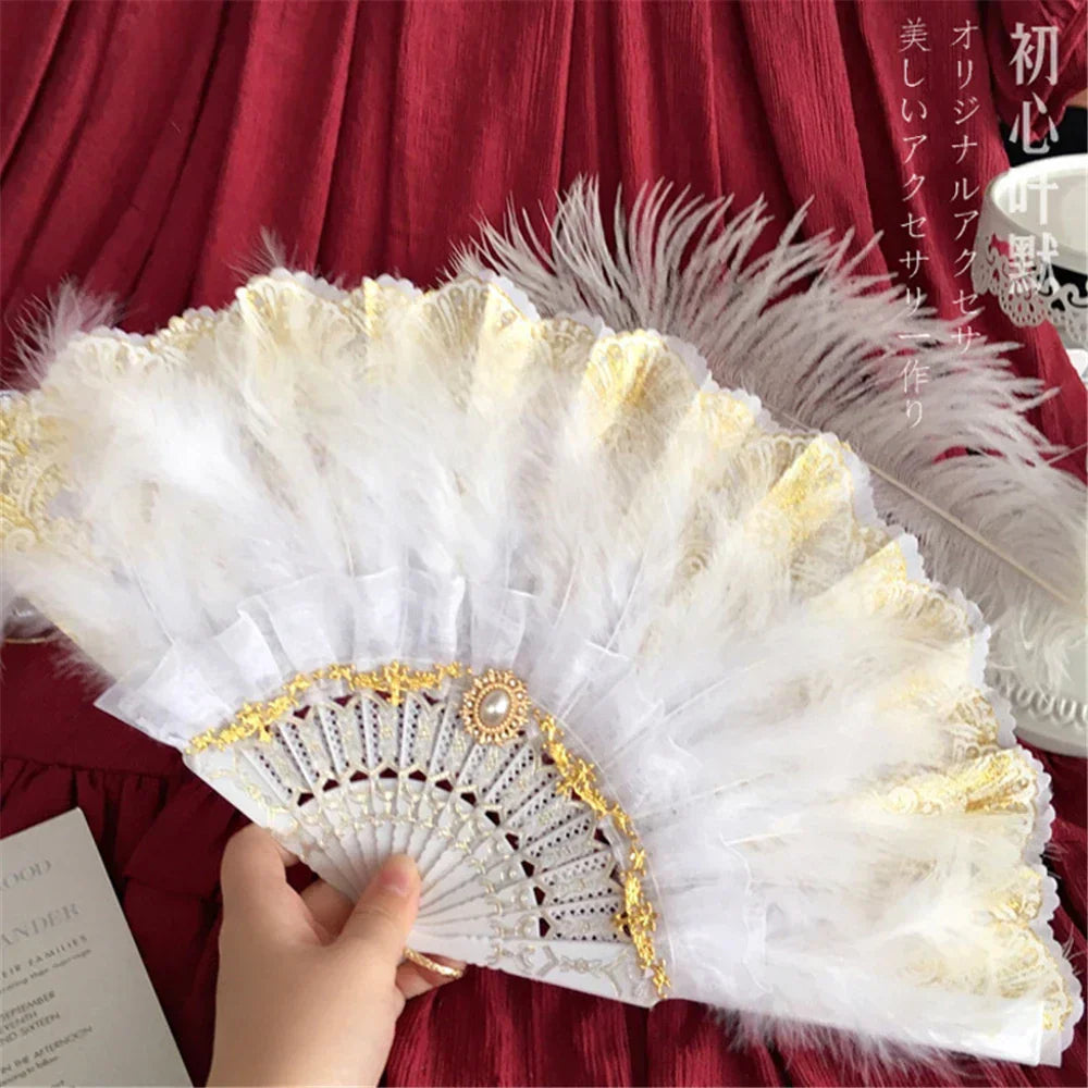 DecorBites™ Elegant Gemstone Handle Lace Fan for Dark Gothic Court Party