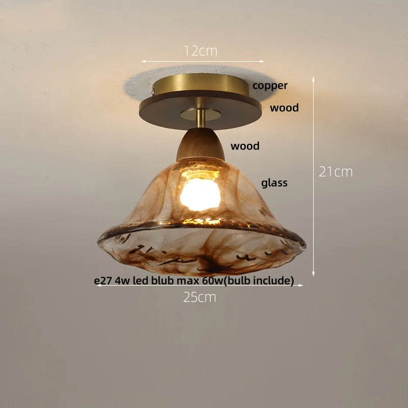 DecorBites™ Amber Glass Wood LED Ceiling Light Fixture for Modern Living Room.