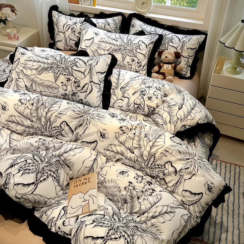 DecorBites™ Korean Black White Hepburn Style Bedding Set with Lace Fitted Sheet Set