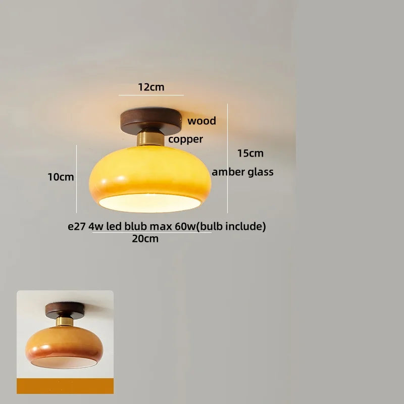 DecorBites™ Amber Glass Wood LED Ceiling Light Fixture for Modern Living Room.