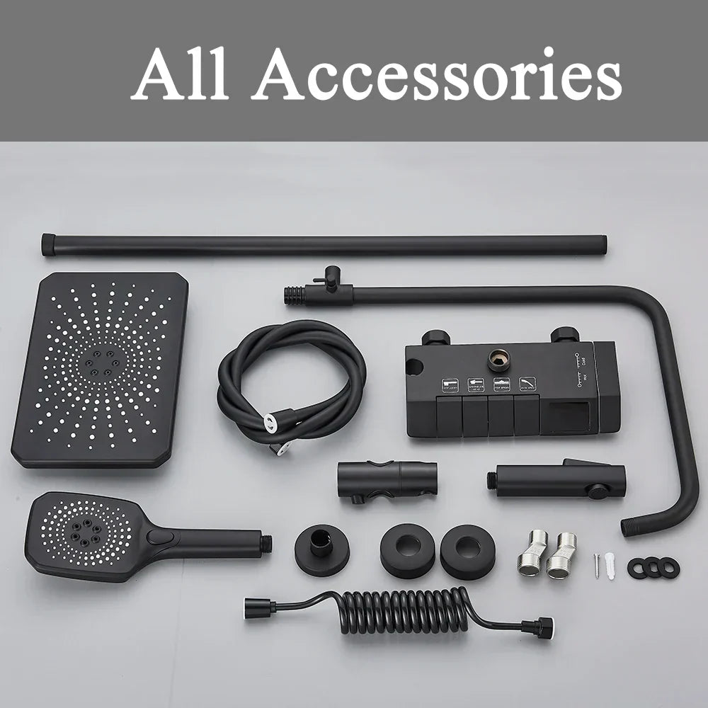 DecorBites™ Black Piano Digital Shower System with Intelligent Brass Faucets and White Rainfall Shower