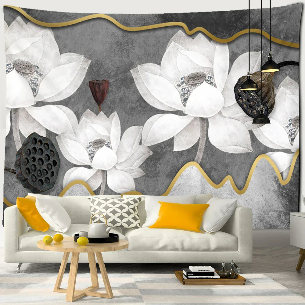 DecorBites™ Ink Lotus Koi Tapestry: Boho Aesthetic Psychedelic Room Art Hippie Decor