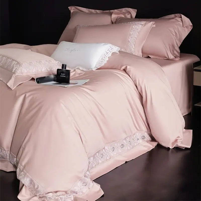 DecorBites™ 1200TC Egyptian Cotton Lace Embroidery Bedding Set: 1 Duvet, 1 Sheet, 2 Pillowcases