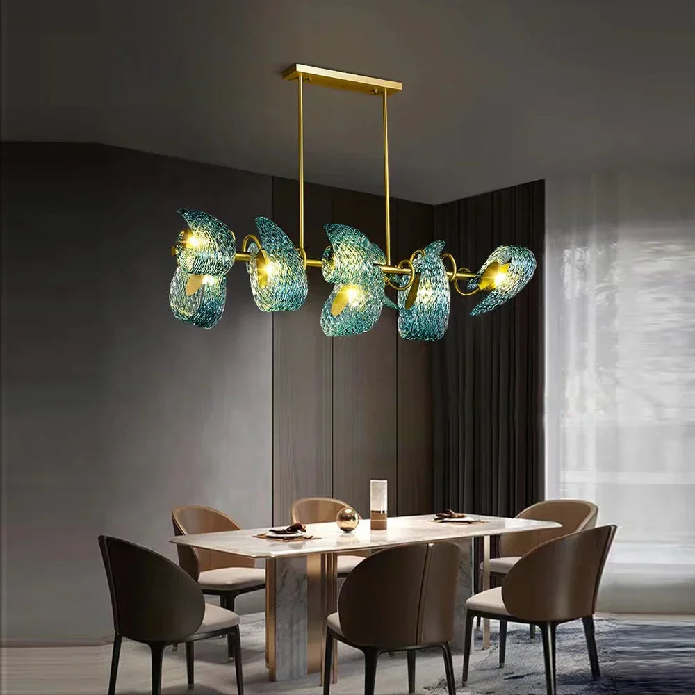 DecorBites™ LED Art Deco Blue Peacock Leaf Copper Ceiling Chandelier for Living Room