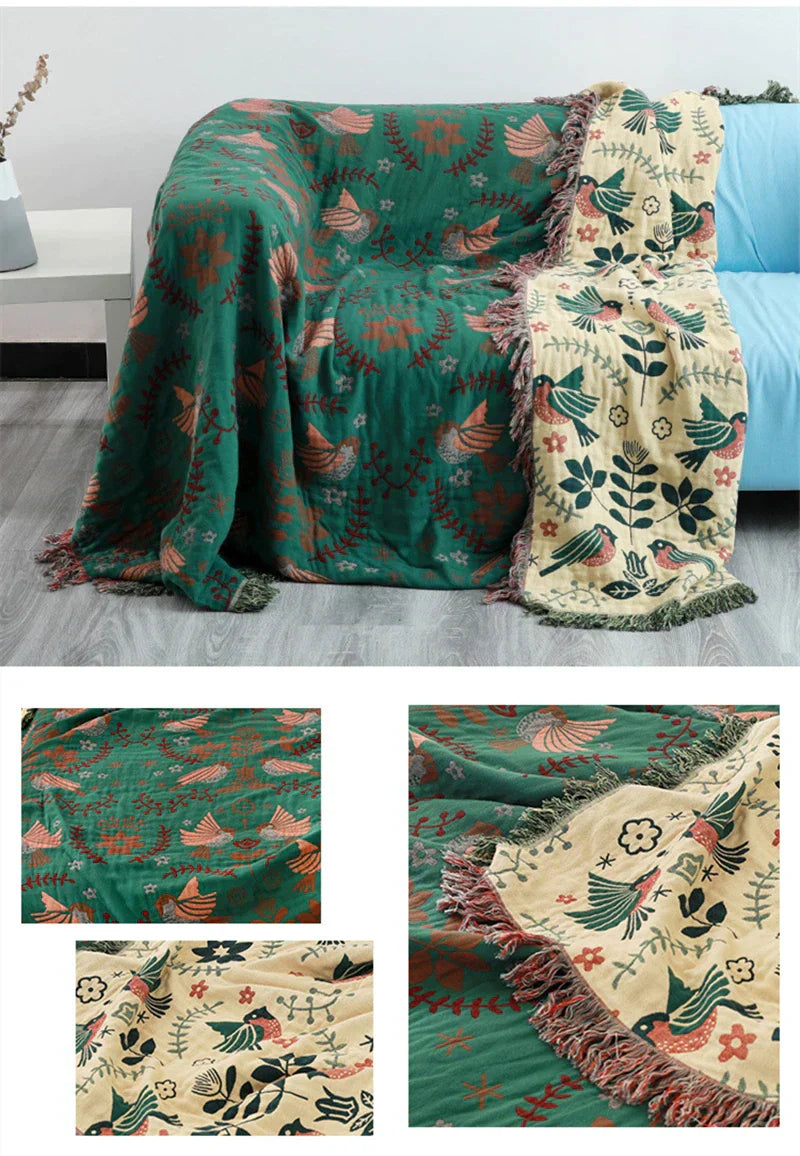 DecorBites™ Birds Jacquard Cotton Gauze Sofa Cover - Non-Slip Blanket for All Seasons