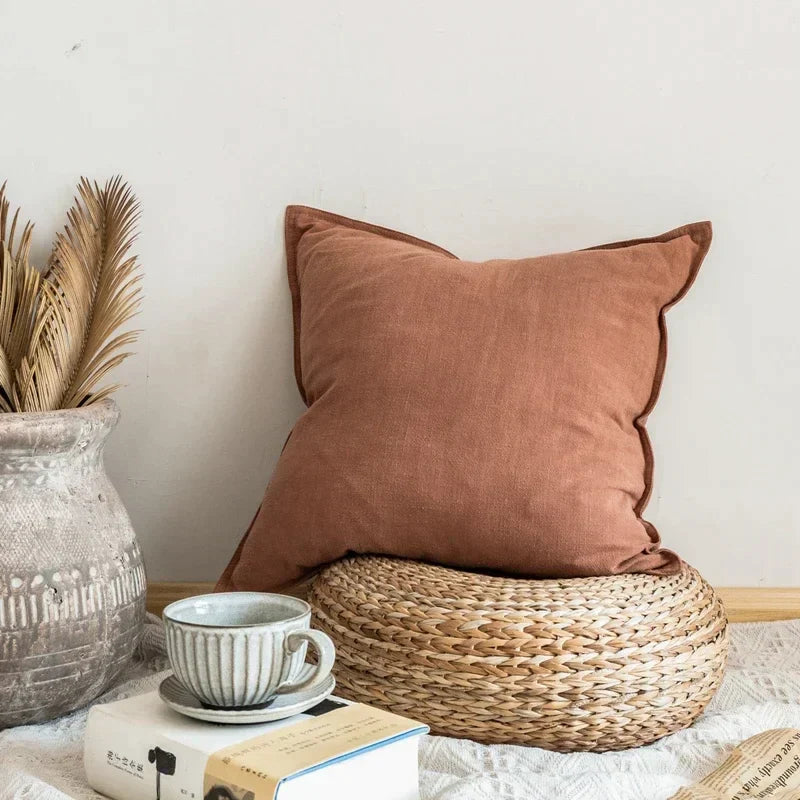DecorBites™ Linen Pillow Cover 45x45cm with Fringe in Ivory/Dark Grey/Coffee for Home Decor