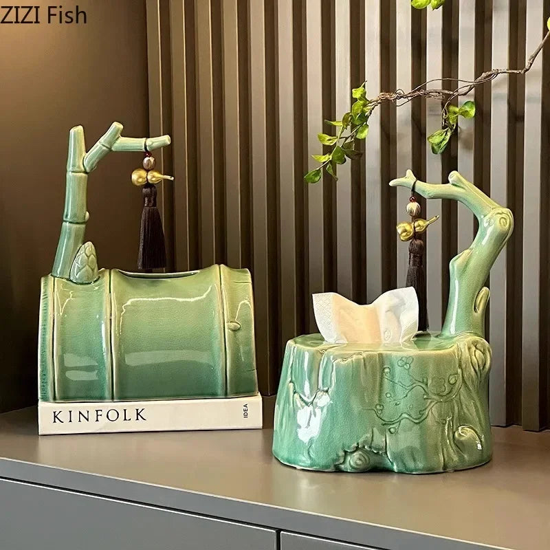 DecorBites™ Bamboo Tissue Box: Ceramic Green Bamboo Design for Coffee Table & Desk Decor