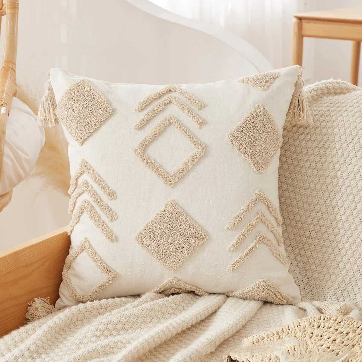 DecorBites™ Boho Beige White Embroidered Pillow Cases Set
