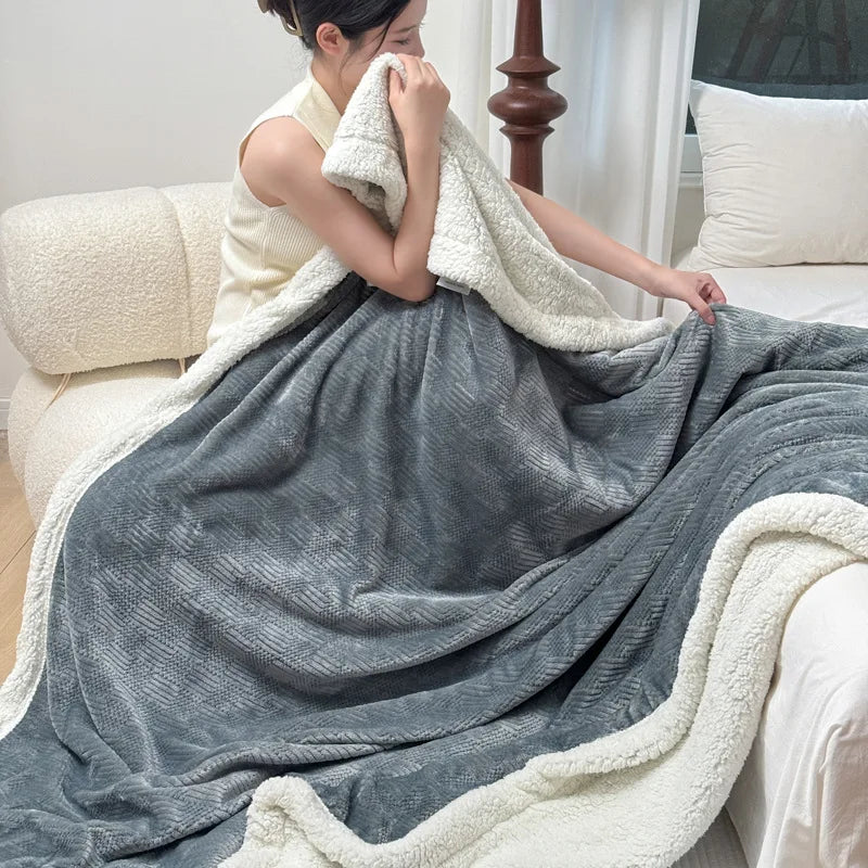 DecorBites™ Double-Layer Coral Fleece Jacquard Blanket: Warm & Multi-Functional for Home & Travel