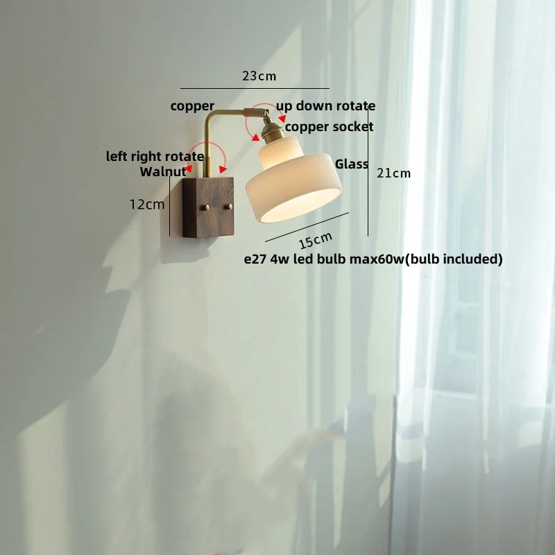 DecorBites™ Glass Pink LED Wall Sconce, Pull Chain Switch, Walnut Wood Bedside Lamp