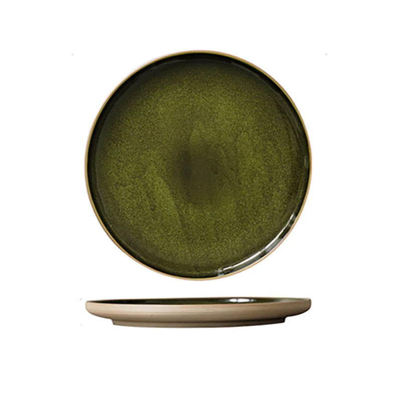 DecorBites™ Green Ceramic Dinner Plate - Retro Shallow Pasta Plate, Salad Sushi Plate, Steak Plate - Set of 4