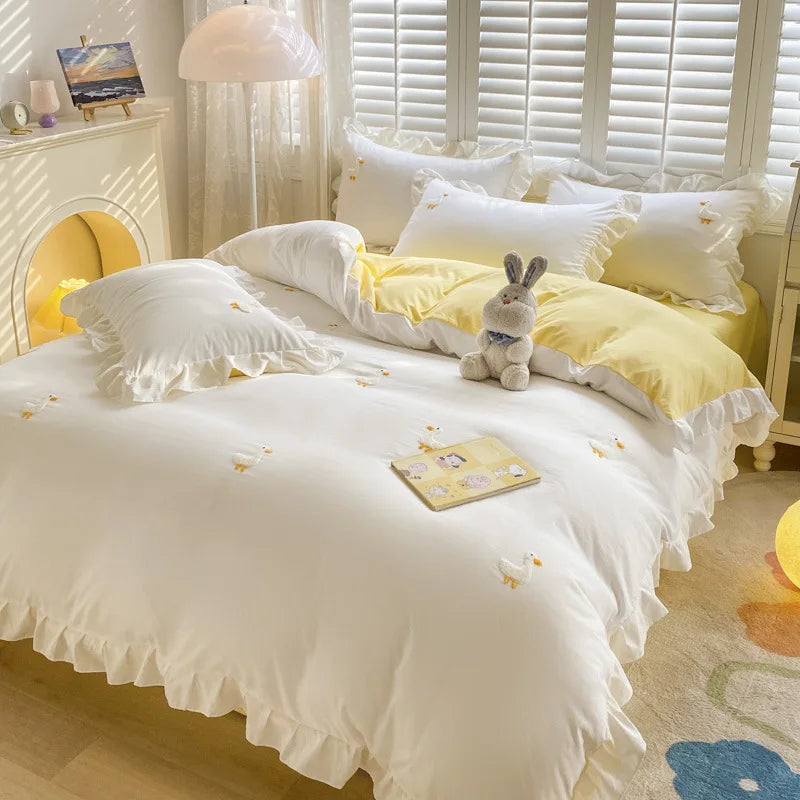 DecorBites™ Cartoon Princess Embroidered Cotton Bedding Set for Adult Girls