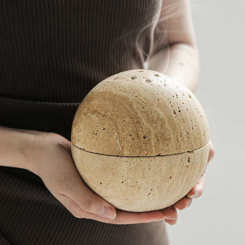DecorBites™ Beige Travertine Marble 9-Hole Sphere Incense Burner Burner Wood Plate Holder