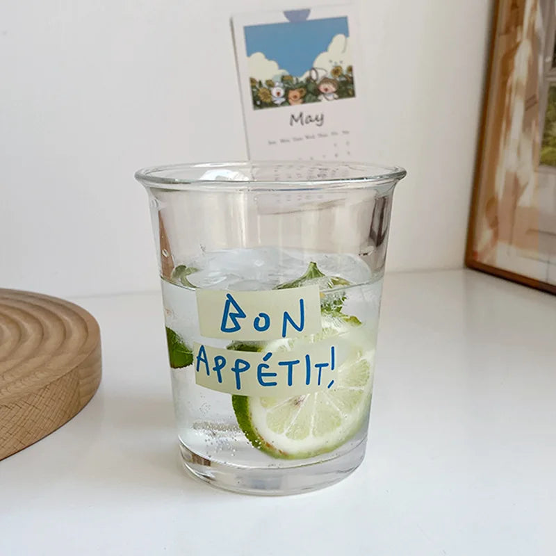DecorBites™ 320ml Glass Tumbler Cup - French Style Bon Appetit Iced Coffee Juice Water Glass