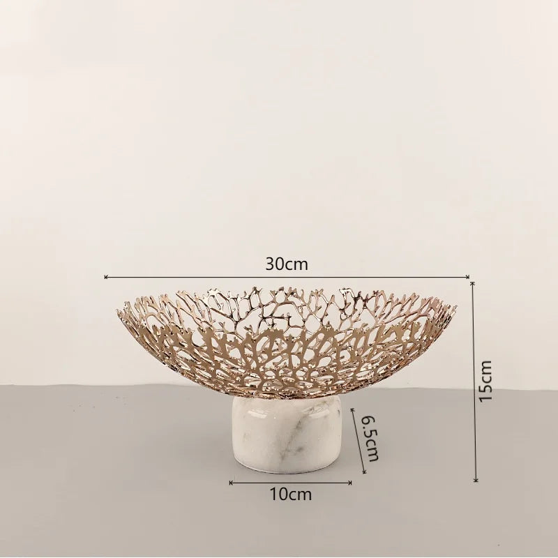DecorBites™ Coral Disc Pedestal | Metal Tray Marble Base Fruit Plate Gold Compote