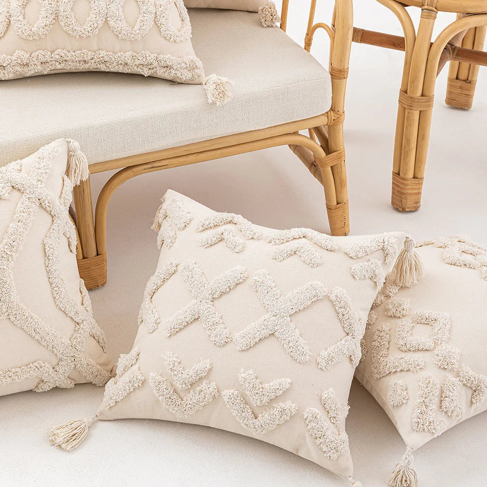 DecorBites™ Geometric Tufted Cushion Cover Beige Patchwork Pillow Covers Wabi-sabi Style