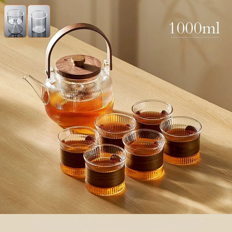 DecorBites™ Glass Teapot Set with Wooden Handle and Cover