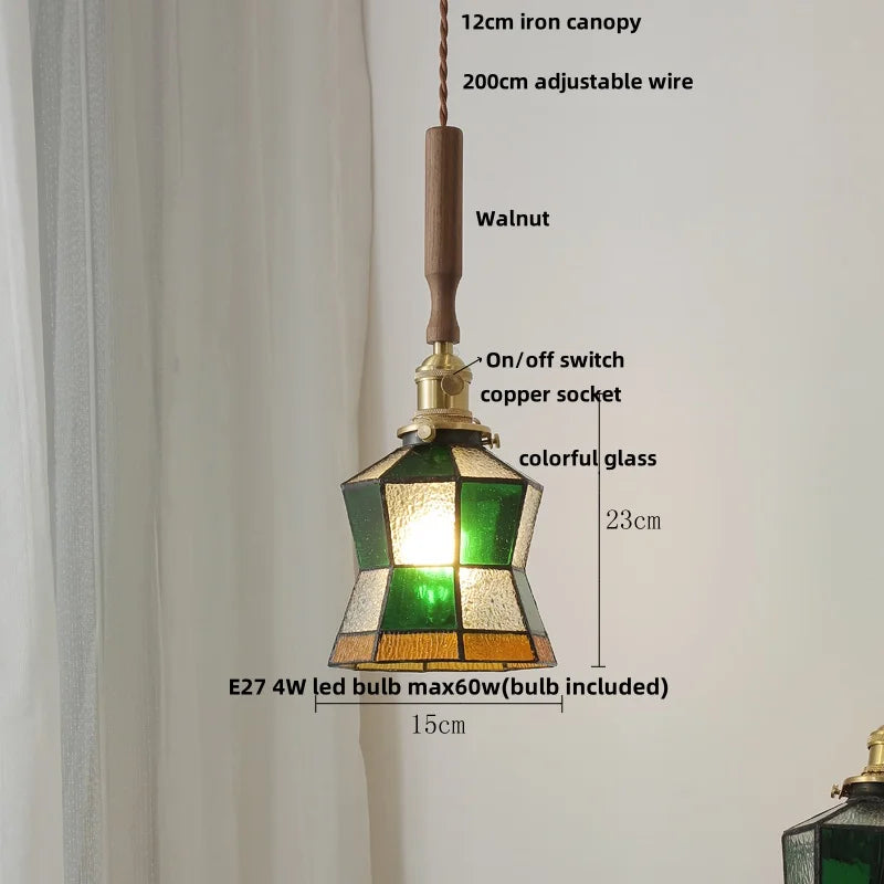 DecorBites™ LED Adjustable Pendant Light Fixture Amber Glass Walnut Wood Bar Hanging Lamp