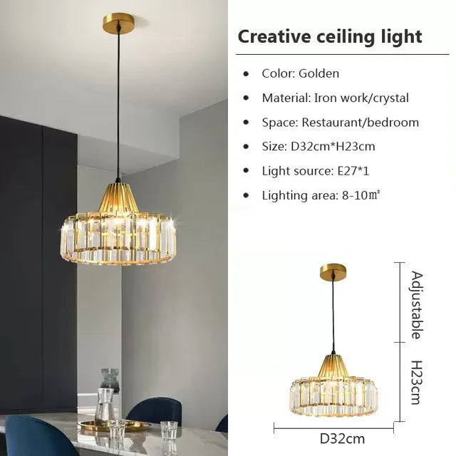 DecorBites™ Crystal LED Pendant Light: Retro Gold Lampshade for Living Room, Bedroom, Dining Room