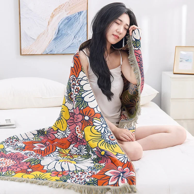 DecorBites™ Cotton Bath Towel - Boho Floral Design - Absorbent & Quick Dry - Large Size 80x160cm
