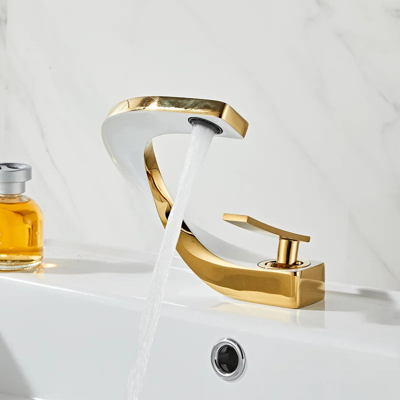 DecorBites™ Gold & White Bathroom Basin Faucet Deck Mounted Sink Tap, Brass with Rose Gold Accent
