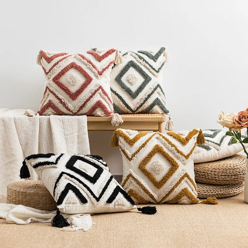 DecorBites™ Geometric Embroidery Boho Cushion Cover Sofa Decorative Pillowcase Canvas Cotton