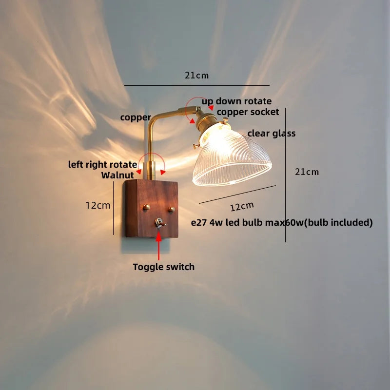 DecorBites™ Clear Glass LED Wall Lights Modern Wood Walnut Copper Stair Fixture