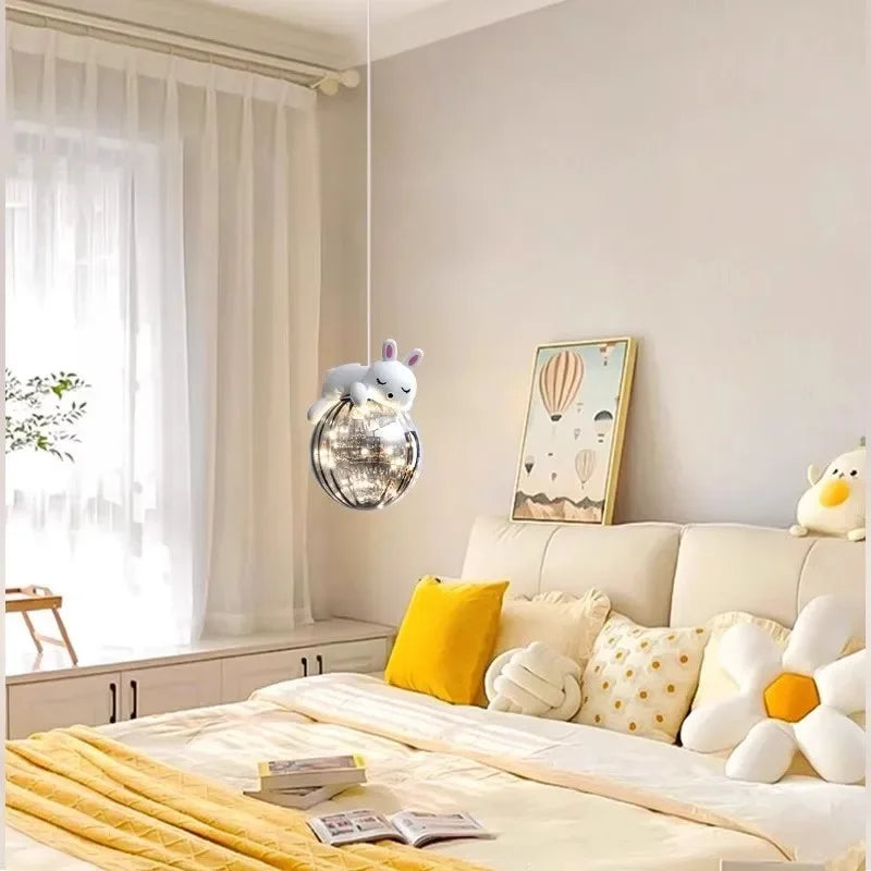 DecorBites™ Glass Children Room Chandelier: White Bear Bunny Lamp for Modern Baby Boy Girl Bedroom