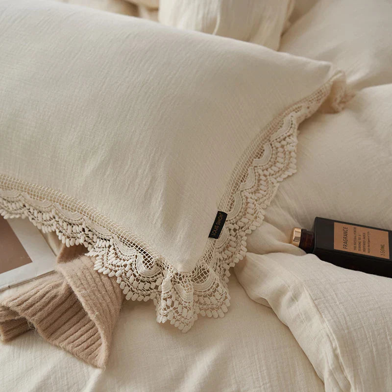 DecorBites™ Lace Edge Cotton Bedding Set for Soft Skin with Duvet, Sheets, and Pillowcases