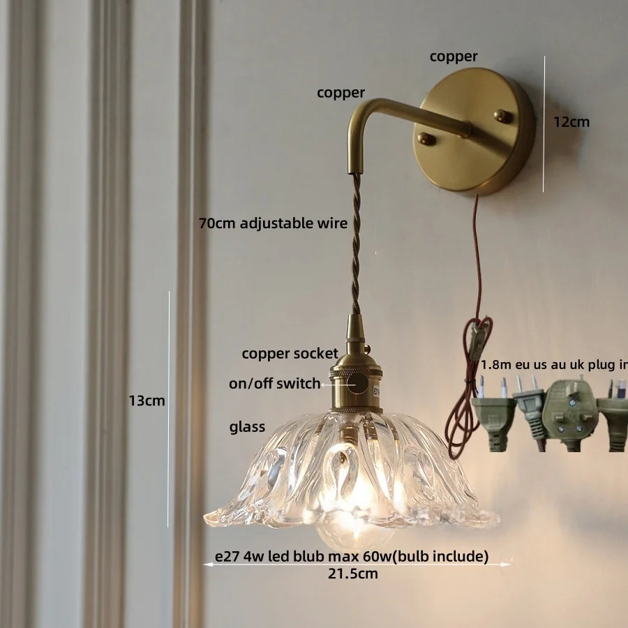 DecorBites™ Glass & Copper Green Flower LED Wall Sconce with Pull Chain