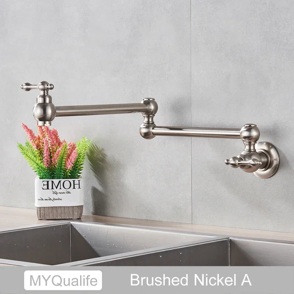 DecorBites™ Brushed Gold Brass Pot Filler Faucet with Folding Spout - Wall Mounted Kitchen Tap