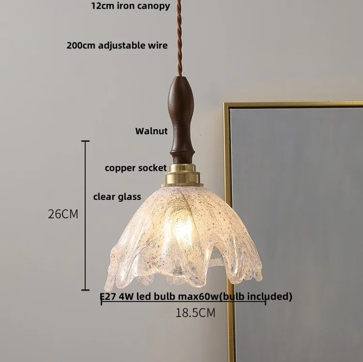 DecorBites™ LED Pendant Light: Japan Style White Glass, Copper Socket, Walnut Wood Lamp