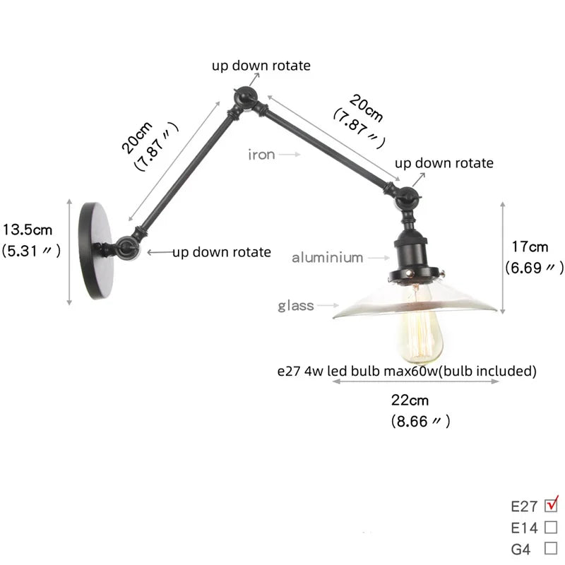 DecorBites™ Clear Glass Swing Arm Wall Light Fixture for Dining Living Room Cafe