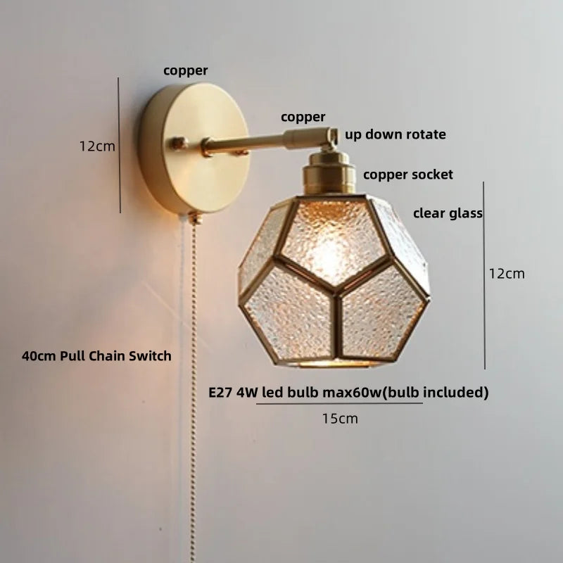 DecorBites™ Japanese Style LED Wall Light Clear Glass Pull Chain Switch Bedside Lamp