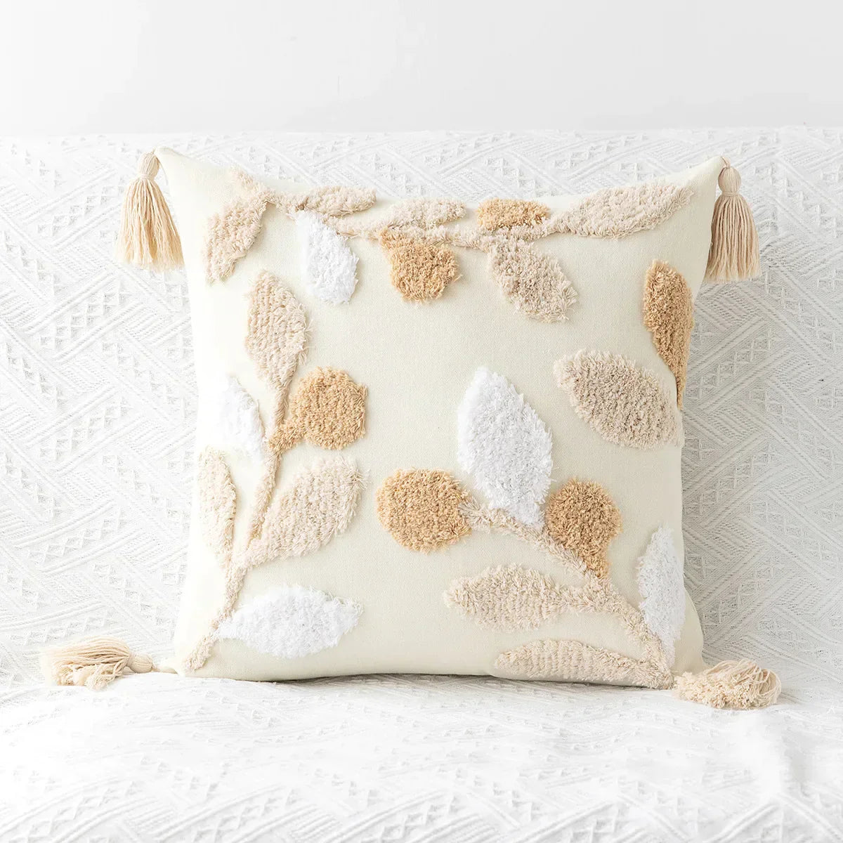 DecorBites™ Geometric Tufted Embroidery Flowers Boho Cushion Cover with Tassel