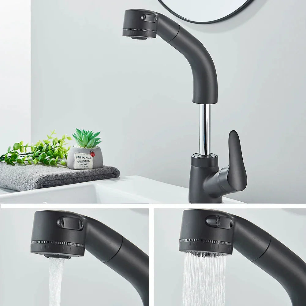 DecorBites™ Black Basin Faucet: Pull Out Sink Mixer Tap with 360° Rotation and Hot&Cold Sprayer