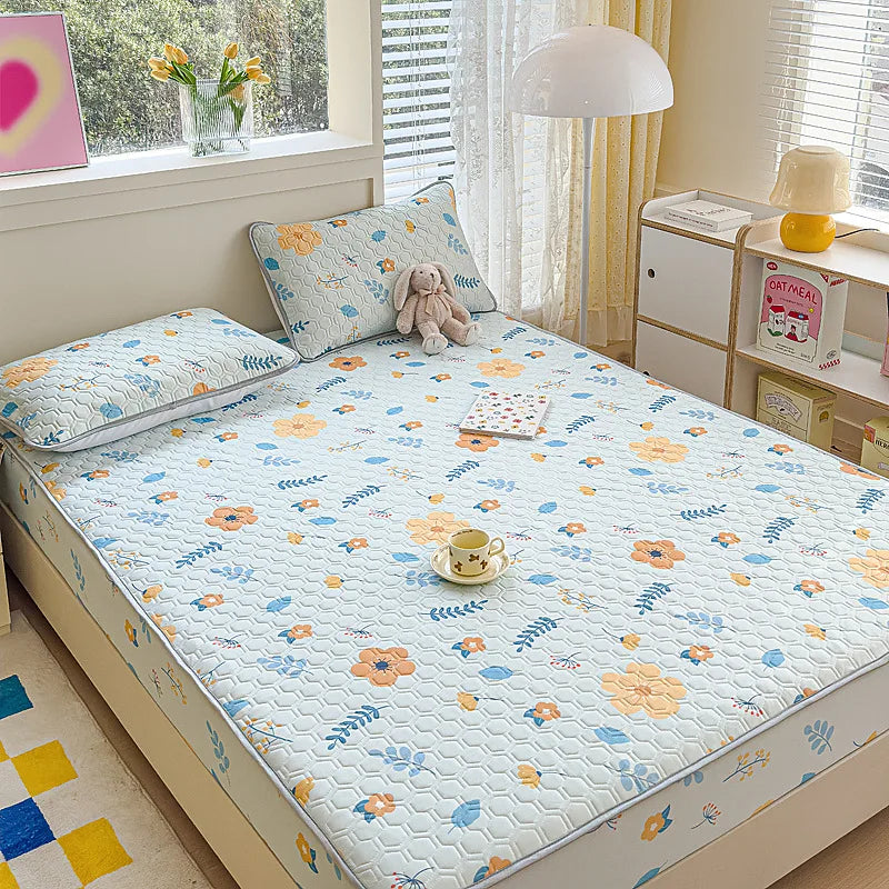 DecorBites™ Cool Silk Latex Fitted Sheet Set with Pillowcases, Summer Ice Silk, Single Double Bed