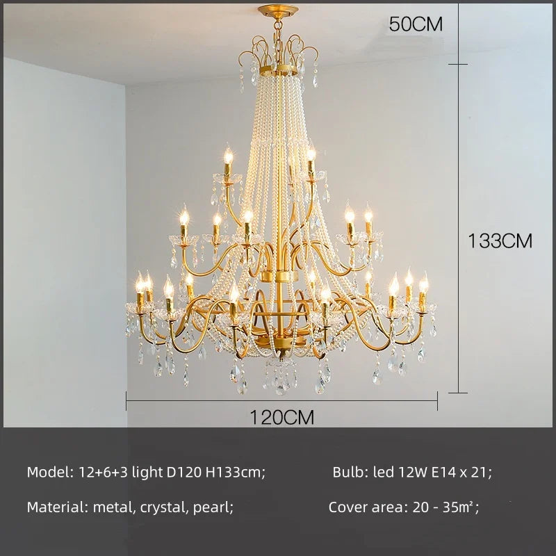 DecorBites™ Gold Crystal Pearl Chandelier LED Pendant Lights Luxe Living Room Decor