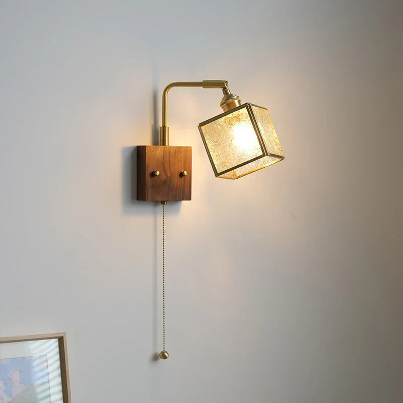 DecorBites™ LED Walnut Wood Cube Glass Wall Light with Pull Chain Switch